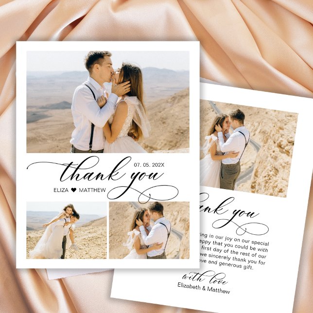 Elegant Calligraphy Classic Photo Collage Wedding Thank You Card (Creator Uploaded)