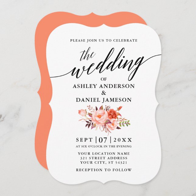Elegant Calligraphy Coral Floral Wedding Invitation (Front/Back)