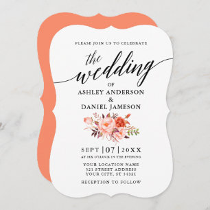Elegant Calligraphy Coral Floral Wedding Invitation