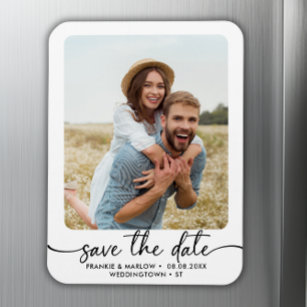 Elegant Calligraphy Couple Photo Save The Date  Magnet