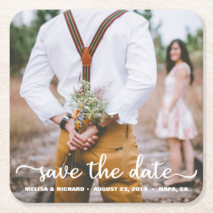 Elegant Calligraphy Couple Photo Save The Date Square Paper Coaster