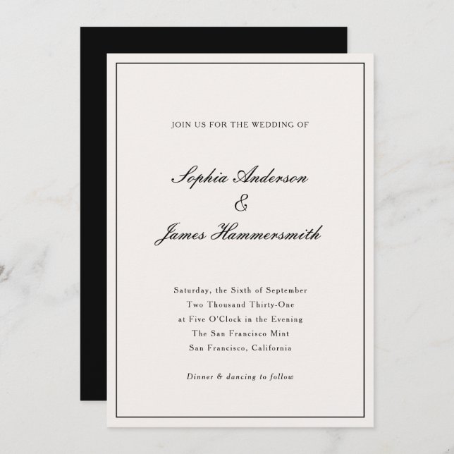 Elegant Calligraphy Cream White Black Wedding Invitation (Front/Back)