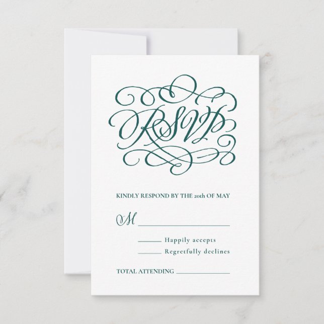 Elegant Calligraphy Deep Teal Vertical RSVP Card (Front)