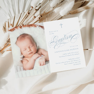 Elegant Calligraphy Dusty Blue Boys Photo Baptism Invitation