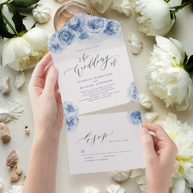 Elegant calligraphy dusty blue floral wedding all in one invitation (Elegant calligraphy dusty blue floral wedding all in one invitation)