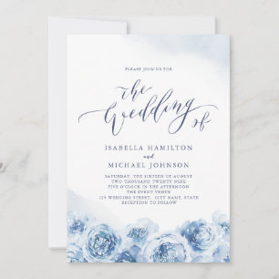 Elegant calligraphy dusty blue floral wedding invitation