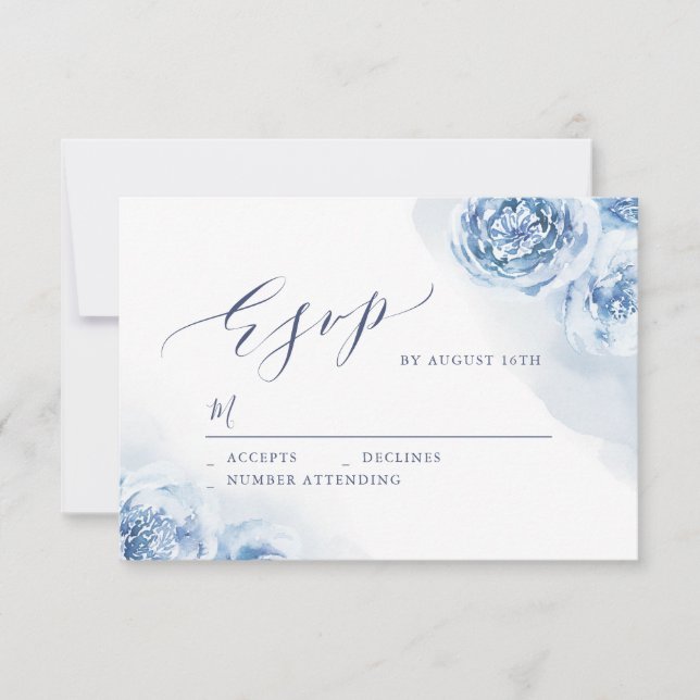 Elegant calligraphy dusty blue floral wedding RSVP card (Front)