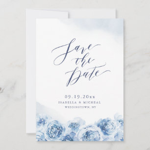 Elegant calligraphy dusty blue floral wedding save the date