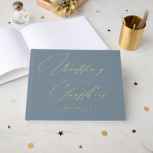 Elegant Calligraphy Dusty Blue Gold Foil Wedding  Guest Book