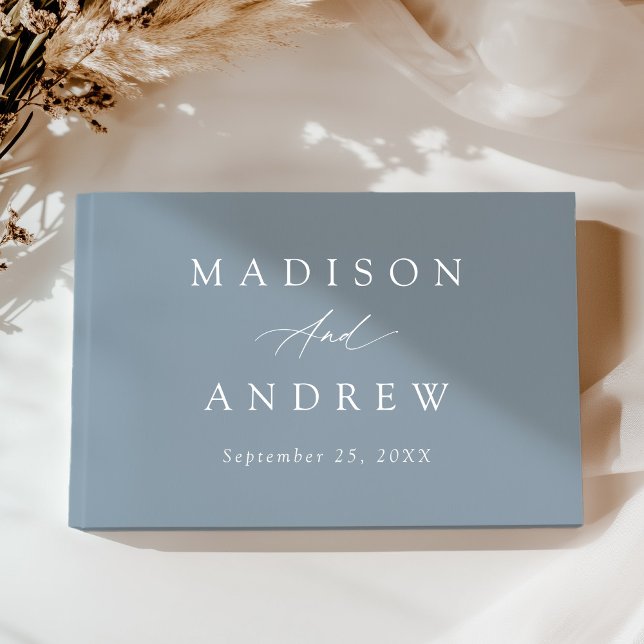 Elegant Calligraphy Dusty Blue Photo Wedding Guest Book (Creator Uploaded)
