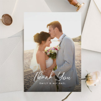 Elegant Calligraphy Dusty Blue Photo Wedding Thank You Card