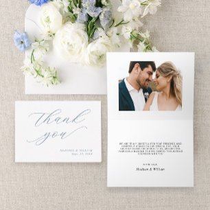 Elegant Calligraphy Dusty Blue Photo Wedding Thank You Card
