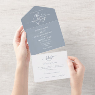 Elegant Calligraphy Dusty Blue Wedding All In One Invitation