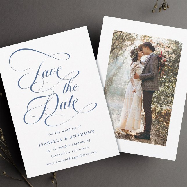 Elegant Calligraphy Dusty Blue Wedding Photo Save The Date (Front & Back)