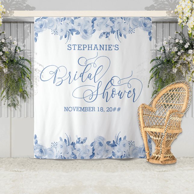 Elegant Calligraphy Dusty BlueFloral Bridal Shower Tapestry (Creator Uploaded)