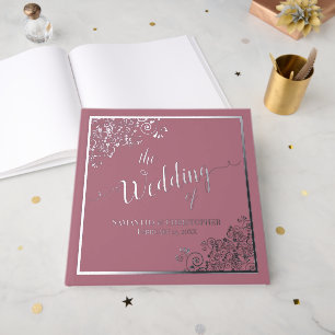 Elegant Calligraphy Dusty Rose Silver Foil Wedding Guest Book