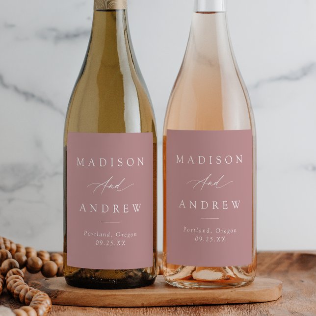 Elegant Calligraphy Dusty Rose Wedding Wine Label (Creator Uploaded)