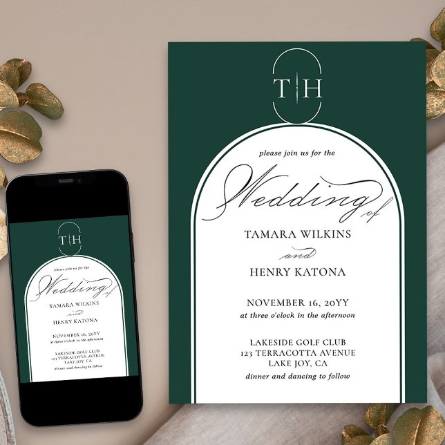 Elegant Calligraphy Emerald Green Monogram Wedding Invitation (Elegant monogrammed wedding invitation in emerald green from my Wedding Colors collection)