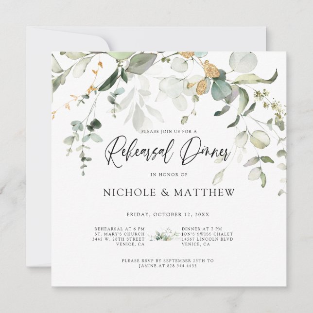 Elegant Calligraphy Eucalyptus Rehearsal Dinner In (Front)