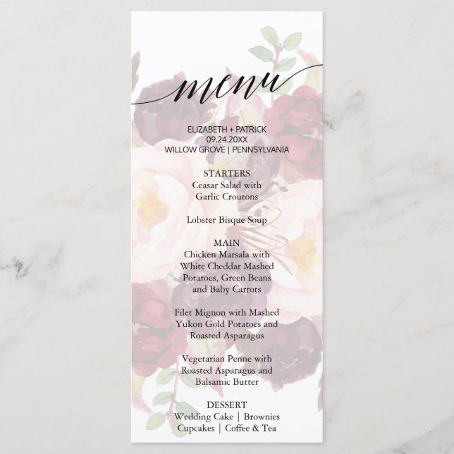 Elegant Calligraphy Faded Floral Dinner Menu Card (Front)