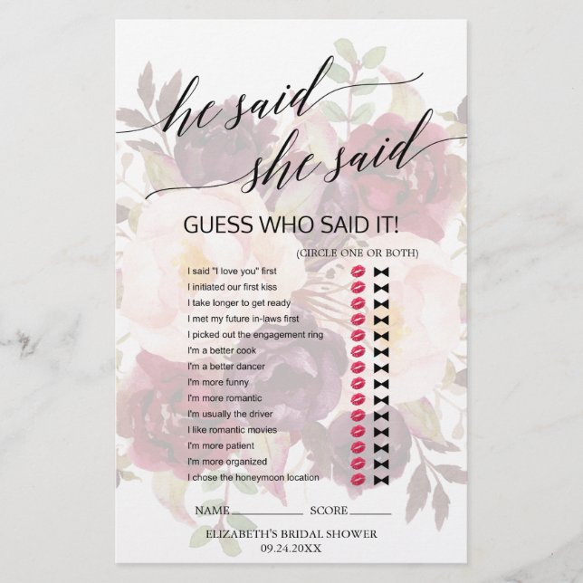 Elegant Calligraphy Faded Floral He Said She Said (Front)