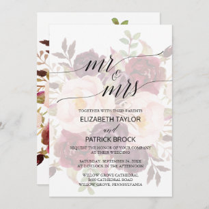 Elegant Calligraphy Faded Floral Mr & Mrs Wedding Invitation