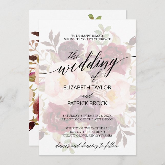 Elegant Calligraphy | Faded Floral Wedding Invitation (Front/Back)
