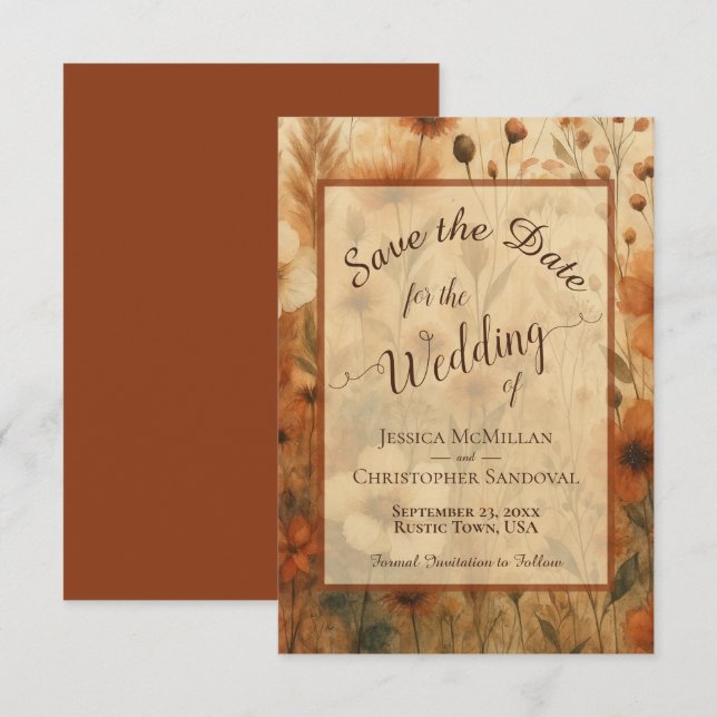 Elegant Calligraphy Fall Boho Wildflowers Wedding Save The Date (Front/Back)