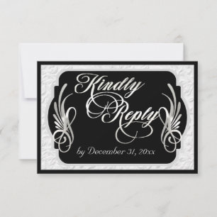 Elegant Calligraphy & Faux Embossed - Silver/Black RSVP Card