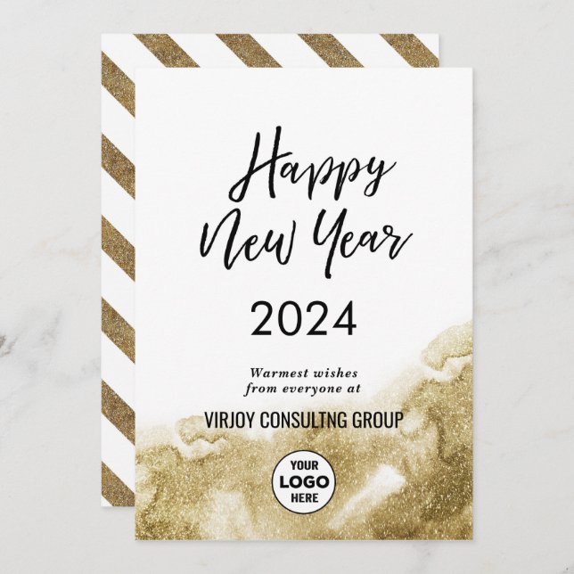 Elegant Calligraphy Festive Gold Glitter Corporate Holiday Card (Front/Back)