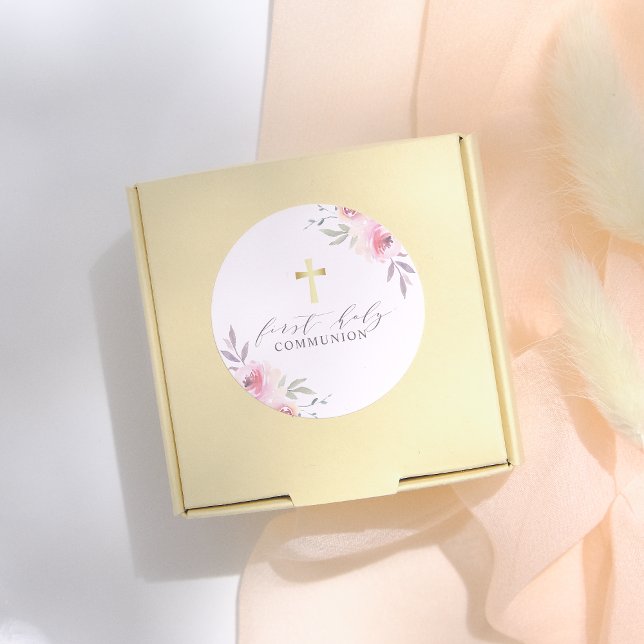 Elegant Calligraphy Floral First Holy Communion Classic Round Sticker (Creator Uploaded)