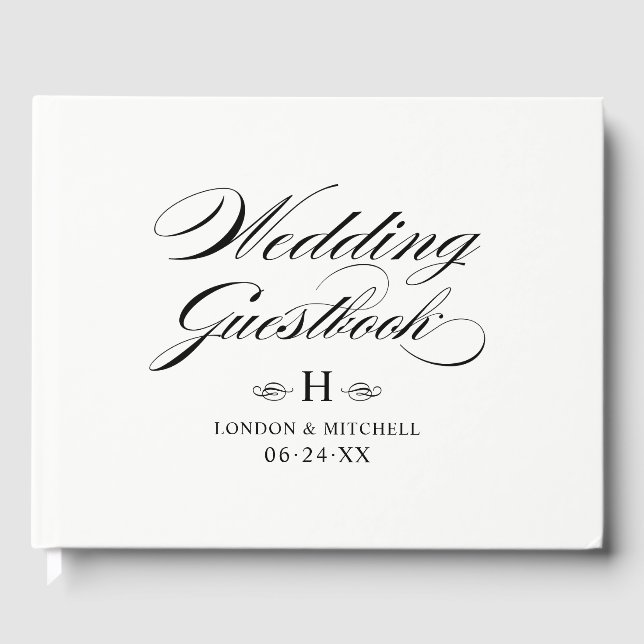 Elegant Calligraphy Floral Monogram Wedding Guest Book (Front)