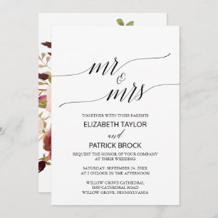 Elegant Calligraphy   Floral "Mr & Mrs" Wedding Invitation