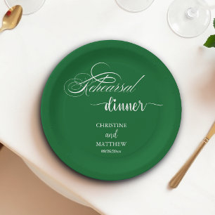 Elegant Calligraphy Forest Green Rehearsal Dinner Paper Plate