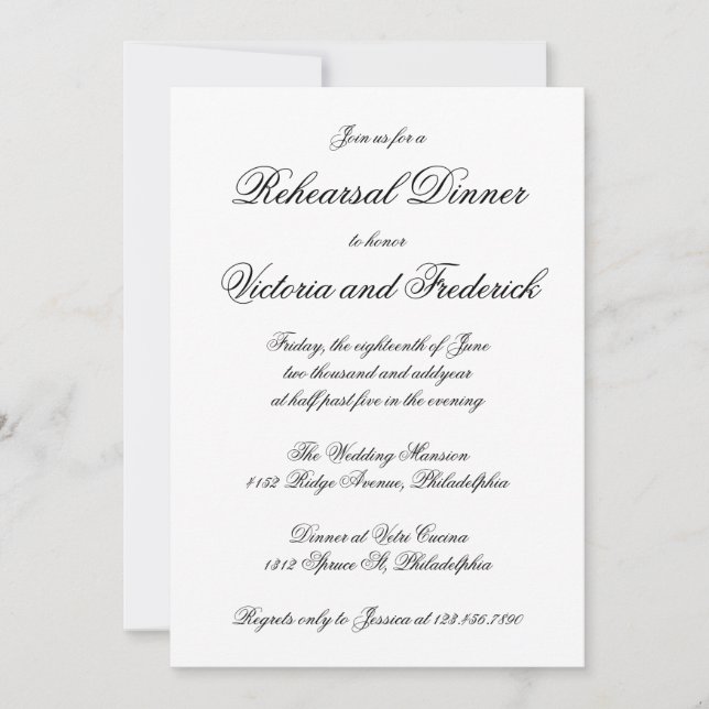 Elegant Calligraphy Formal Rehearsal Dinner Invitation (Front)