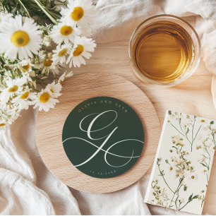 Elegant Calligraphy “G” Dark Green Wedding Round Paper Coaster