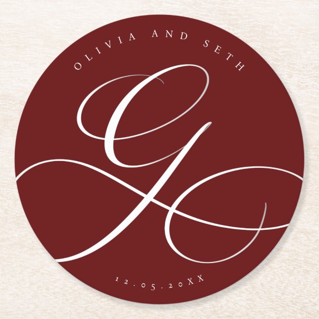 Elegant Calligraphy “G” Merlot Wedding Round Paper Coaster (Front)