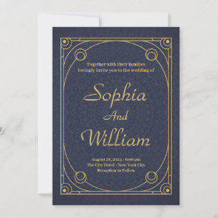 Elegant Calligraphy Gold and Navy Blue Wedding Invitation