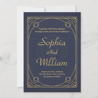 Elegant Calligraphy Gold and Navy Blue Wedding Invitation