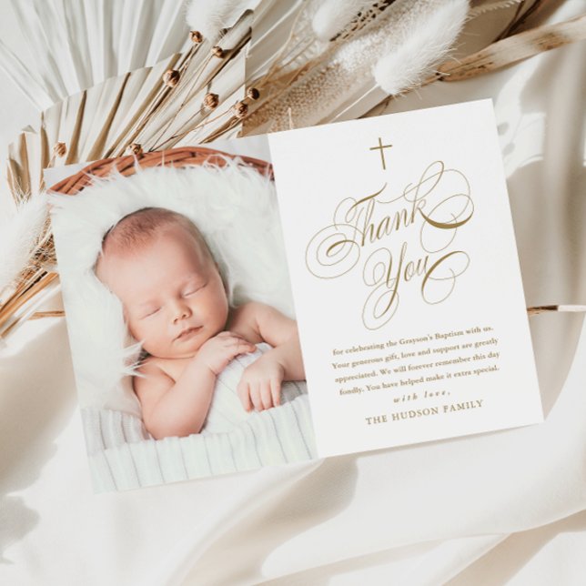 Elegant Calligraphy Gold Baby Photo Baptism Thank You Card (Elegant calligraphy baby photo baptism thank you card.)