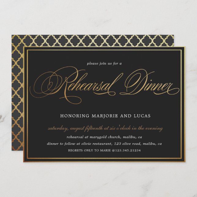 elegant calligraphy gold black Rehearsal Dinner Invitation (Front/Back)