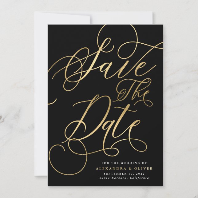 Elegant Calligraphy Gold & Black Wedding  Save The Date (Front)