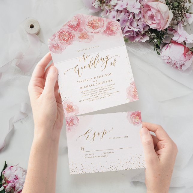 Elegant calligraphy gold & blush floral wedding all in one invitation (Elegant calligraphy gold & blush floral wedding all in one invitation)