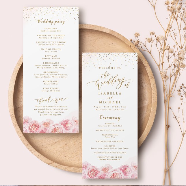 Elegant calligraphy gold & blush floral wedding program (Elegant calligraphy gold & blush floral wedding program)