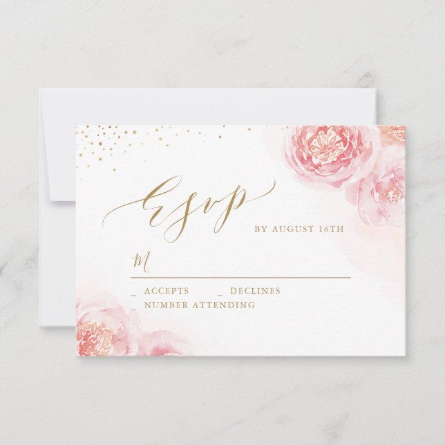 Elegant calligraphy gold & blush floral wedding RSVP card (Front)