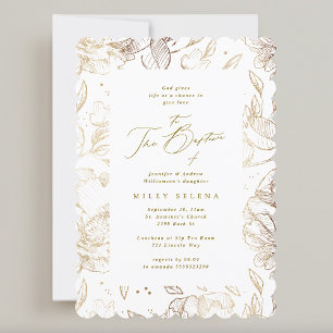 Elegant Calligraphy Gold Floral Botanical Baptism Invitation