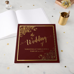 Elegant Calligraphy Gold Foil on Brown Wedding Guest Book