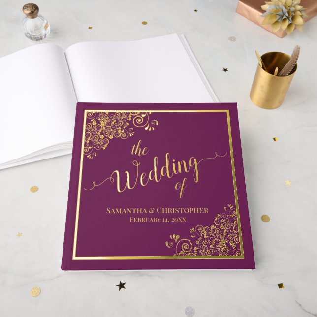 Elegant Calligraphy Gold Foil on Magenta Wedding Guest Book (Front Open)