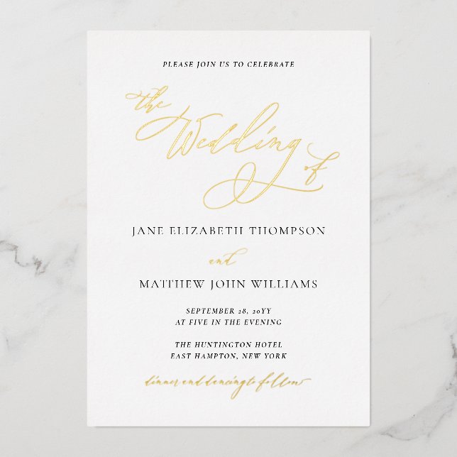 Elegant Calligraphy Gold Foil Wedding Invitation (Front)