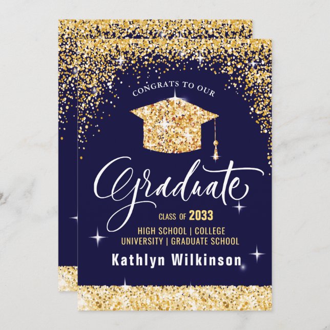 Elegant Calligraphy Gold Glitter Graduation Announcement (Front/Back)